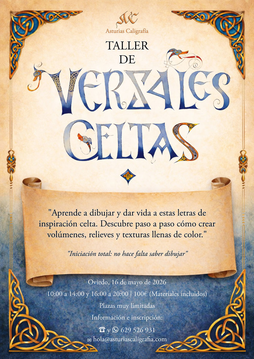 Cartel del taller de Versales Celtas en Oviedo el 16 de mayo de 2026. Decoración de letras de inspiración celta con volúmenes y color.