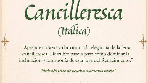 Cartel publicitario de Asturias Caligrafía para un taller de iniciación a la letra cancilleresca e itálica en Oviedo, con detalles de fechas y contacto.
