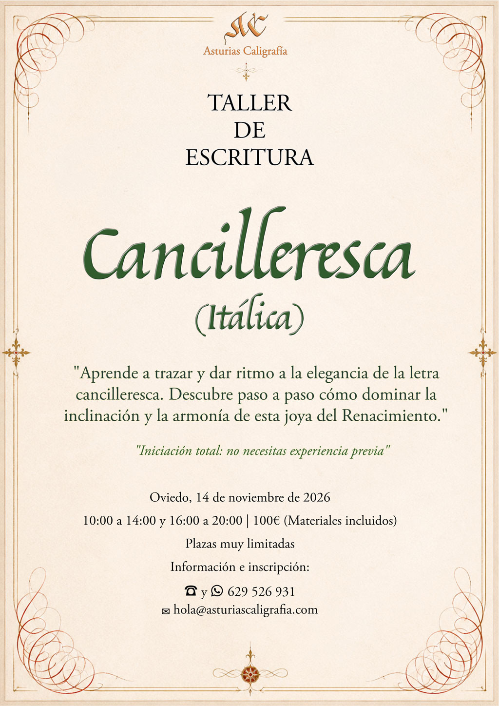 Cartel publicitario de Asturias Caligrafía para un taller de iniciación a la letra cancilleresca e itálica en Oviedo, con detalles de fechas y contacto.