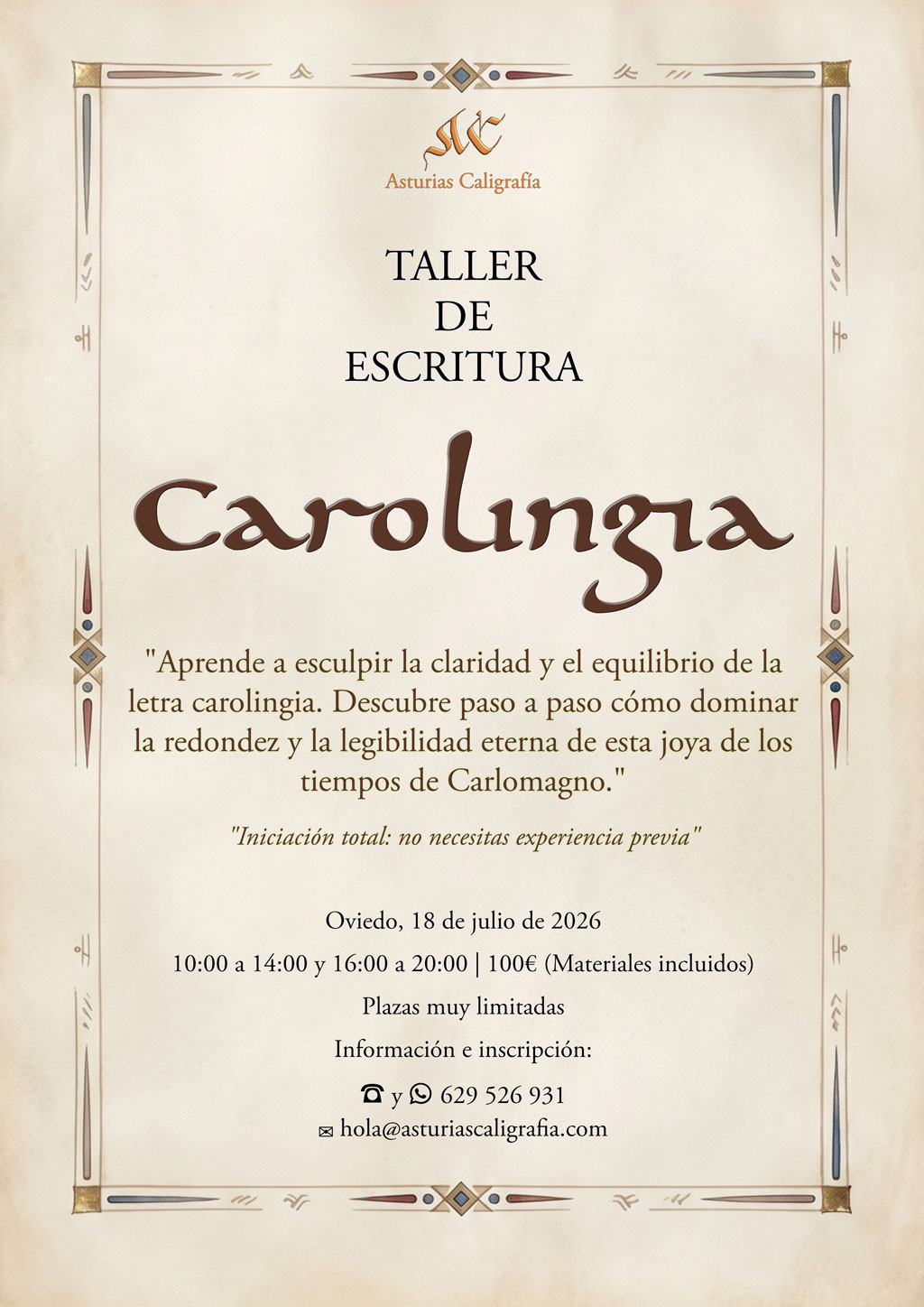 Cartel del taller de escritura carolingia organizado por Asturias Caligrafía en Oviedo, con detalles sobre el curso de iniciación y contacto.