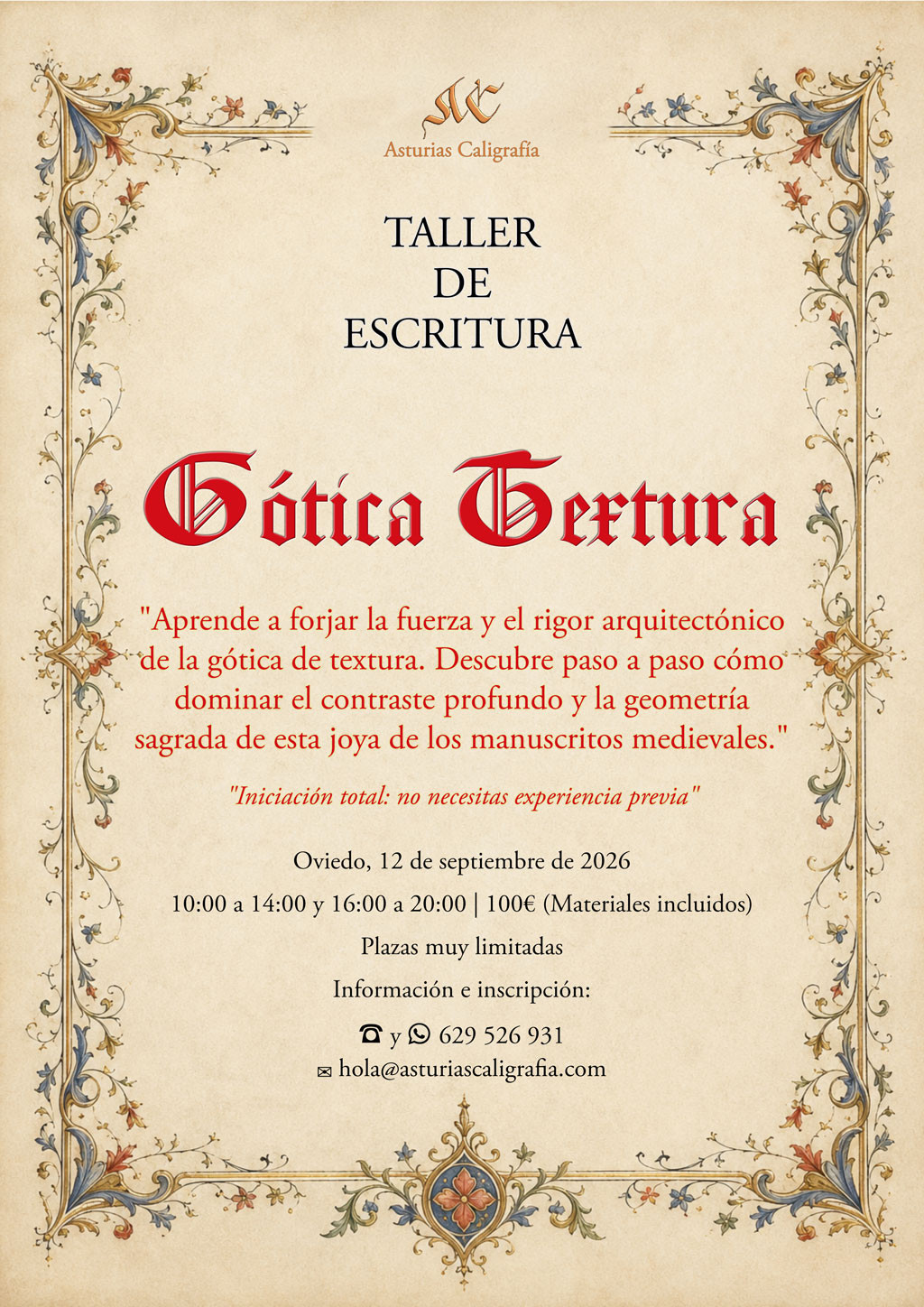 Cartel del taller de caligrafía gótica textura organizado por Asturias Caligrafía en Oviedo, con información sobre el curso para principiantes y datos de inscripción.