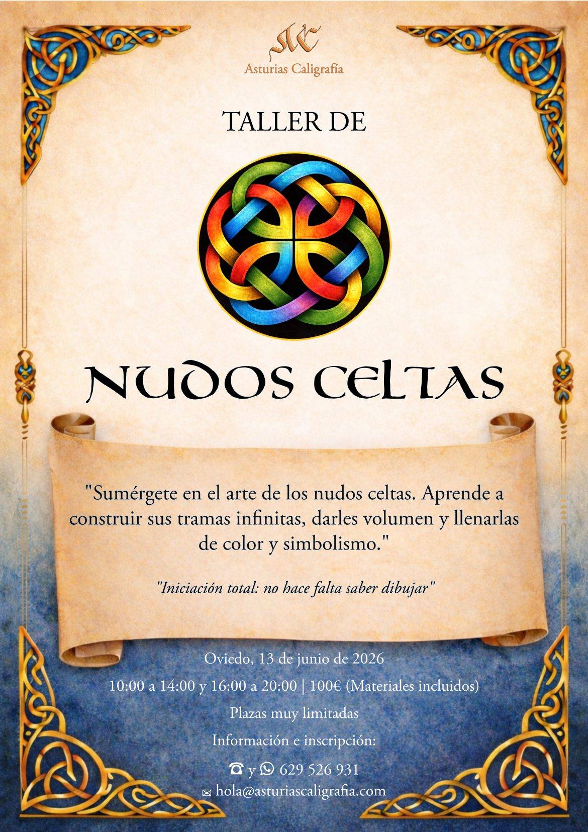 Cartel informativo del taller de iniciación a los nudos celtas en Asturias Caligrafía, con detalles de fecha y contacto.