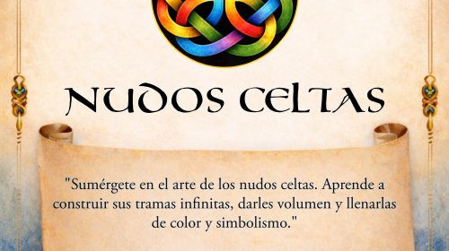 Cartel informativo del taller de iniciación a los nudos celtas en Asturias Caligrafía, con detalles de fecha y contacto.