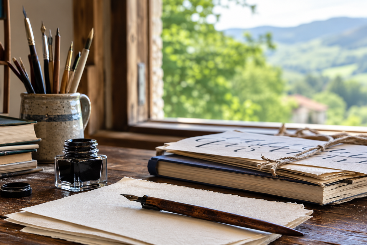 Mesa de madera de Asturias Caligrafía con pluma estilográfica, tintero, pinceles y láminas de caligrafía junto a una ventana con vistas al paisaje de Asturias.